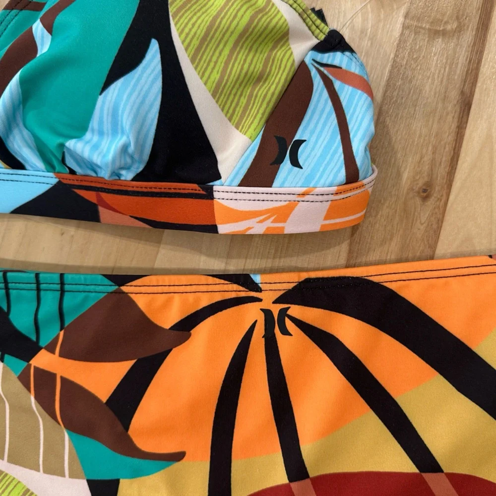 New! Hurley Multicolor Tropical Beach Leaf Print Bikini Size Large - Picture 9 of 14